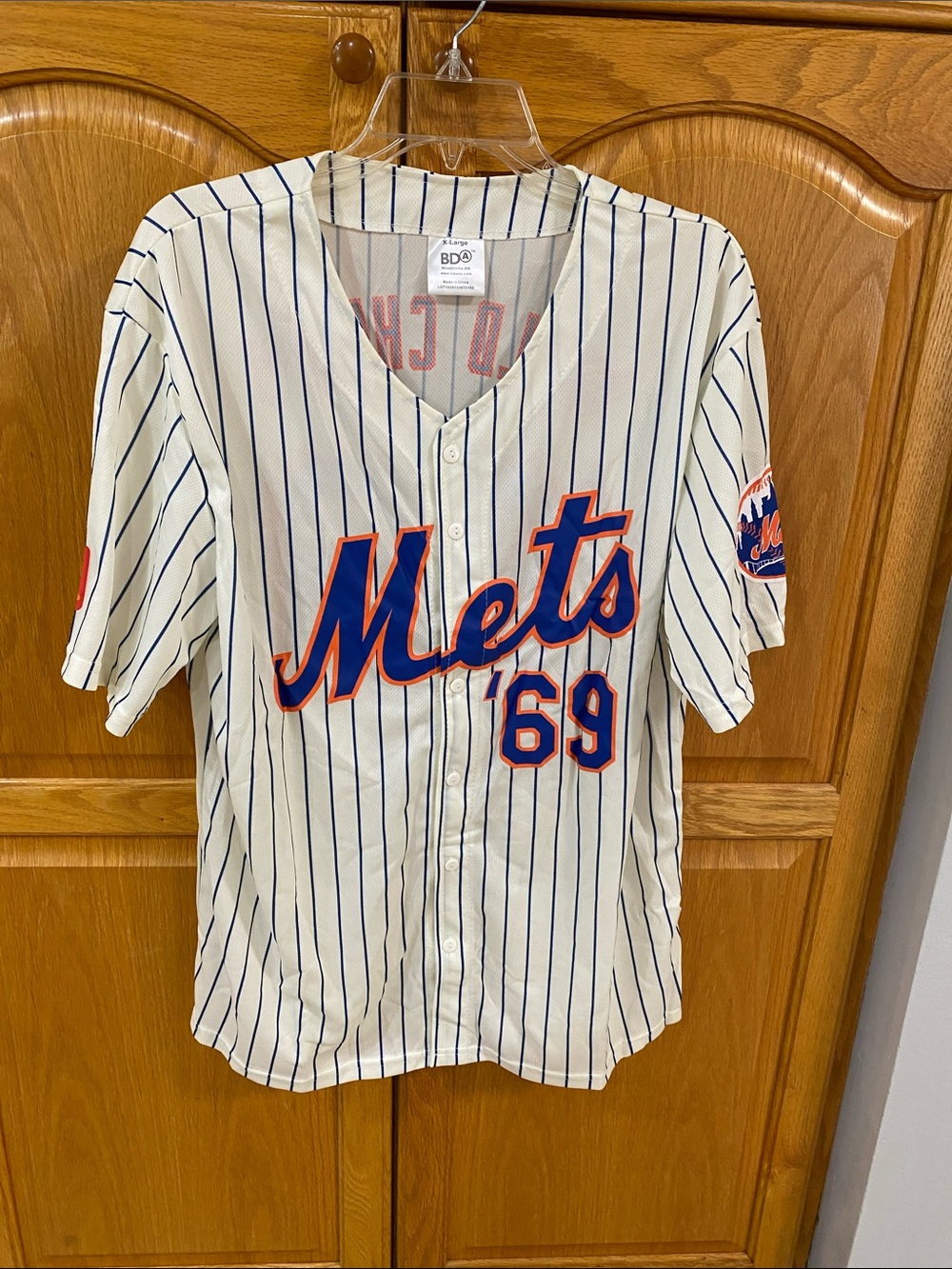 New York Mets Pinstripe Baseball Jersey - White with Blue & Orange. Size XL